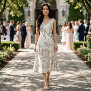 INIZIO ITALY LAGENLOOK LINEN BLUE TAN WATERCOLOR HAMPTON WEDDING PARTY DRESS S